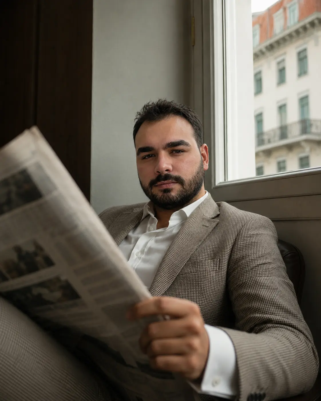 Berk Akademi eğitmeni Berk Keskin, pencere kenarında gazete okurken