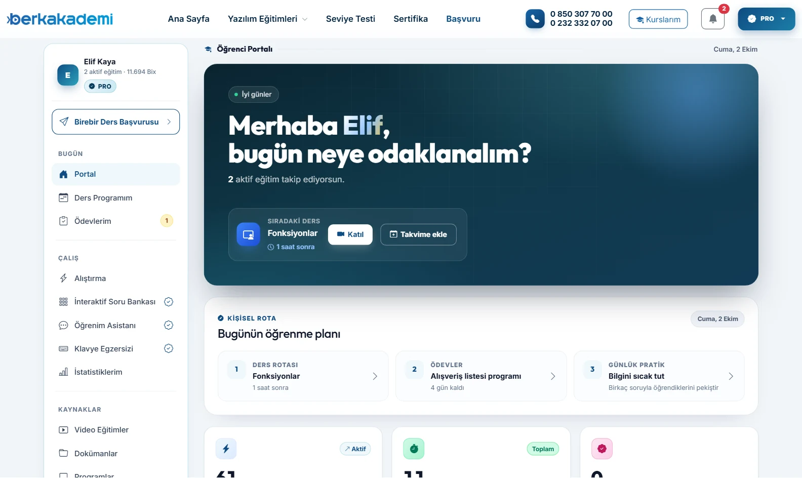Öğrenci Portalı ana ekranı: sıradaki ders, günün öğrenme planı ve çalışma menüsü