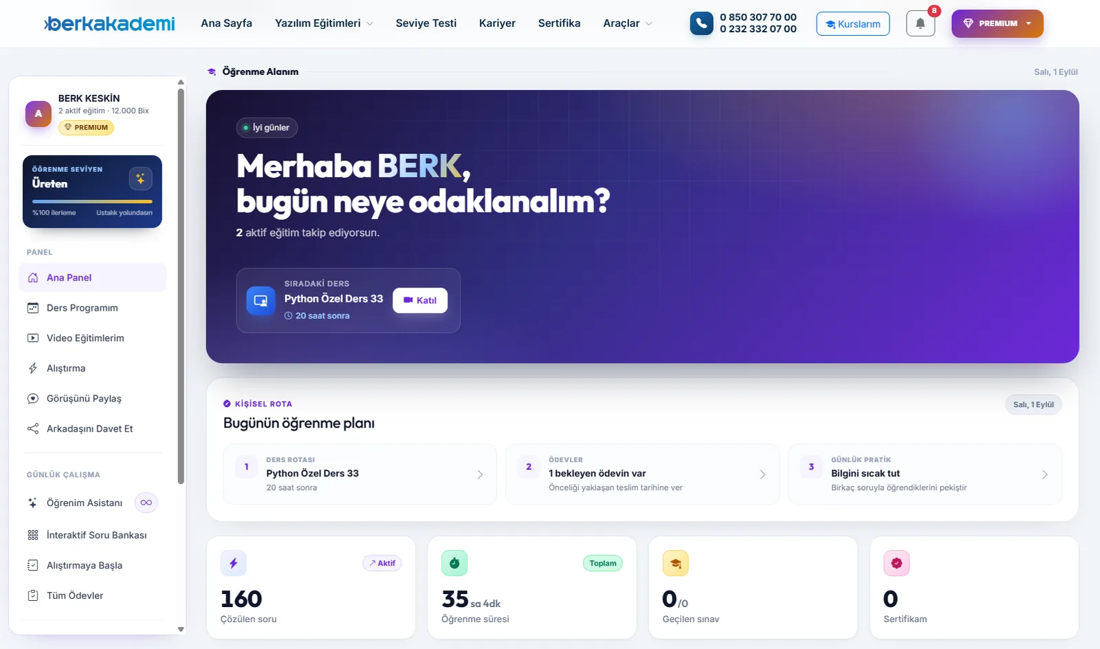 Öğrenci paneli ana ekranı: günün öğrenme planı, sıradaki ders ve ilerleme sayıları