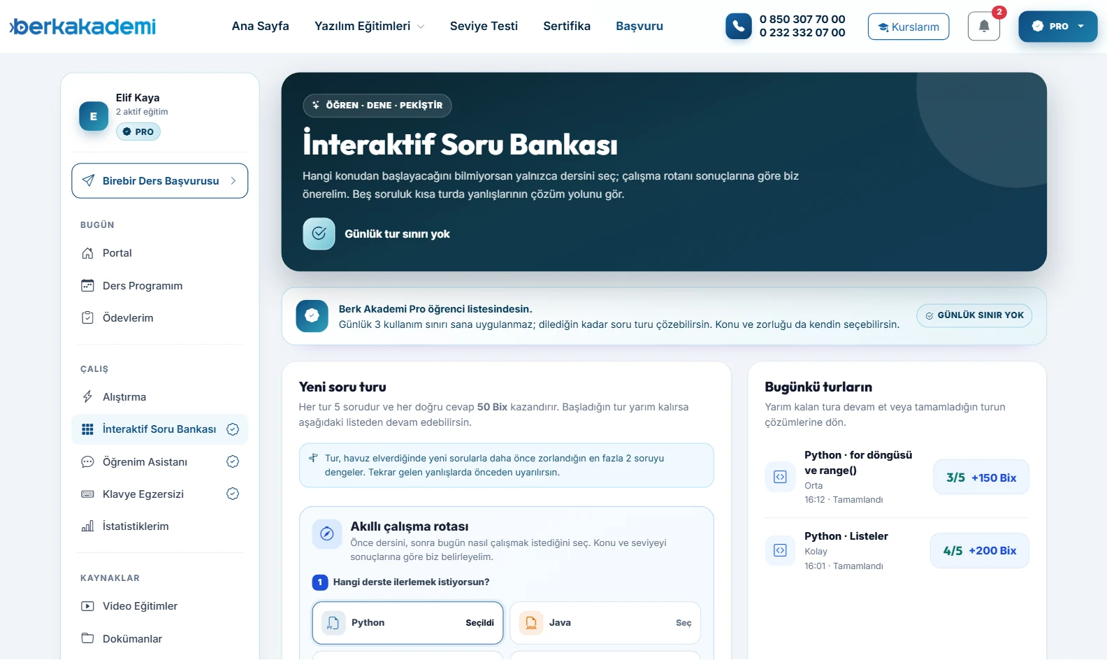 İnteraktif soru bankası: ders seçimi ve akıllı çalışma rotası