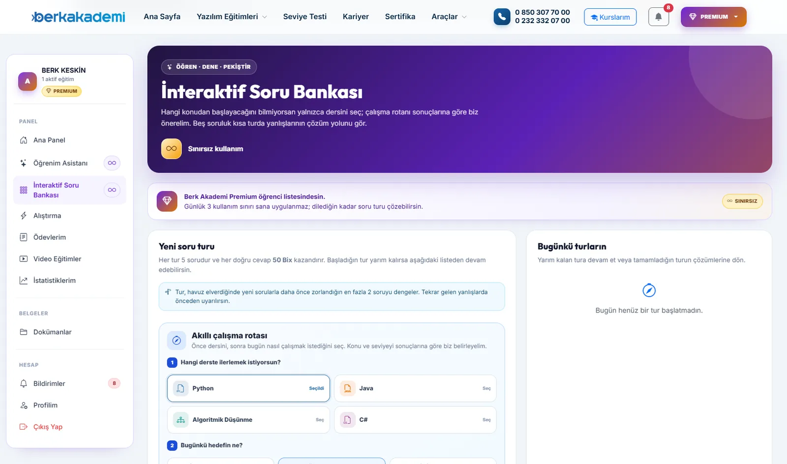 İnteraktif soru bankası: ders seçimi ve akıllı çalışma rotası